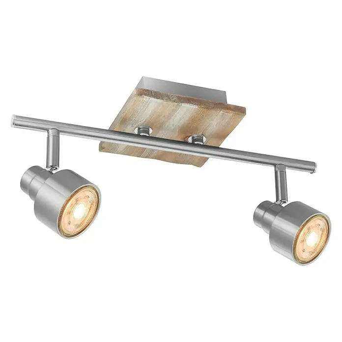 Home Sweet Home LED-Deckenstrahler Drift - 5,8 W, L x B x H: 12 x 35,5 x 17,5 cm, Holz/Silber, Warmweiß, 2 Stk. - Moderne Deckenleuchte mit zwei Strahlern. Die Lampen sind aus Metall und an einer Holzbasis befestigt, die ein warmes Licht erzeugt.