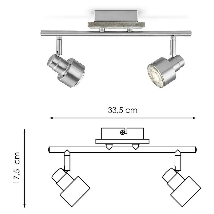 Home Sweet Home LED-Deckenstrahler Drift - 5,8 W, L x B x H: 12 x 35,5 x 17,5 cm, Holz/Silber, Warmweiß, 2 Stk. - Produktabbildung einer silberfarbenen 2-flammigen Deckenleuchte mit Maßen für Katalog oder Montageanleitung.