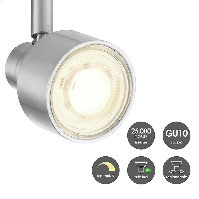 Home Sweet Home LED-Deckenstrahler Drift - 5,8 W, L x B x H: 12 x 35,5 x 17,5 cm, Holz/Silber, Warmweiß, 2 Stk. - Nahaufnahme einer modernen, dimmbaren GU10-Leuchte mit langer Lebensdauer und auswechselbarer Birne.