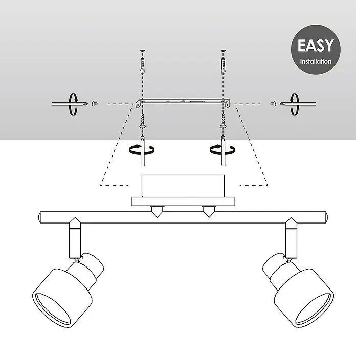 Home Sweet Home LED-Deckenstrahler Drift - 5,8 W, L x B x H: 12 x 35,5 x 17,5 cm, Holz/Silber, Warmweiß, 2 Stk. - Skizze einer Deckenleuchte mit zwei Strahlern und Montageanleitung für eine einfache Installation.