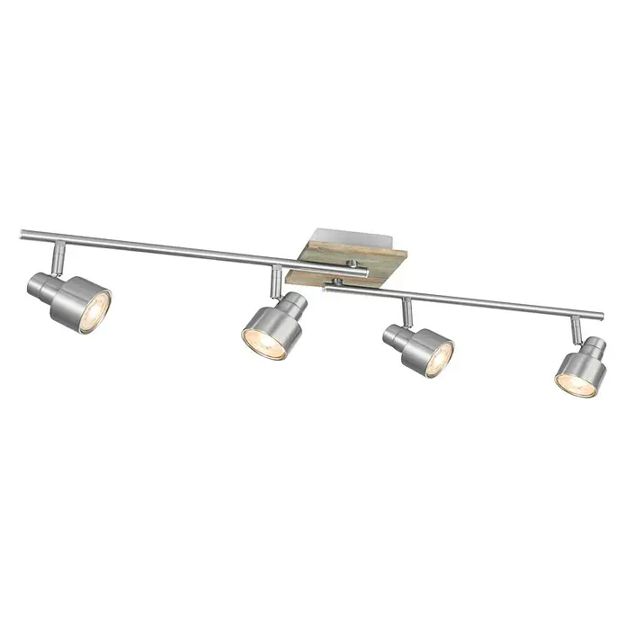 Home Sweet Home LED-Deckenstrahler Drift - 6 W, L x B x H: 12 x 80,5 x 17,5 cm, Holz/ Silber, Warmweiß, 4 Stk. - Deckenleuchte mit vier Strahlern in gebürstetem Nickel-Finish und Holzsockel. Ideal für moderne Wohnräume, die flexibles Lichtdesign schätzen.