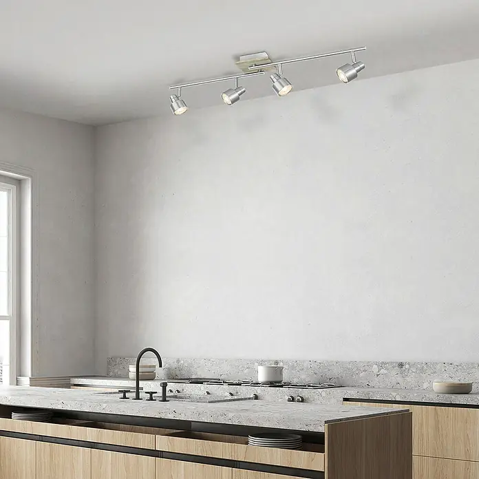 Home Sweet Home LED-Deckenstrahler Drift - 6 W, L x B x H: 12 x 80,5 x 17,5 cm, Holz/ Silber, Warmweiß, 4 Stk. - Die elegante Deckenleuchte mit vier Strahlern aus gebürstetem Nickel sorgt für eine optimale Ausleuchtung in der modernen Küche.