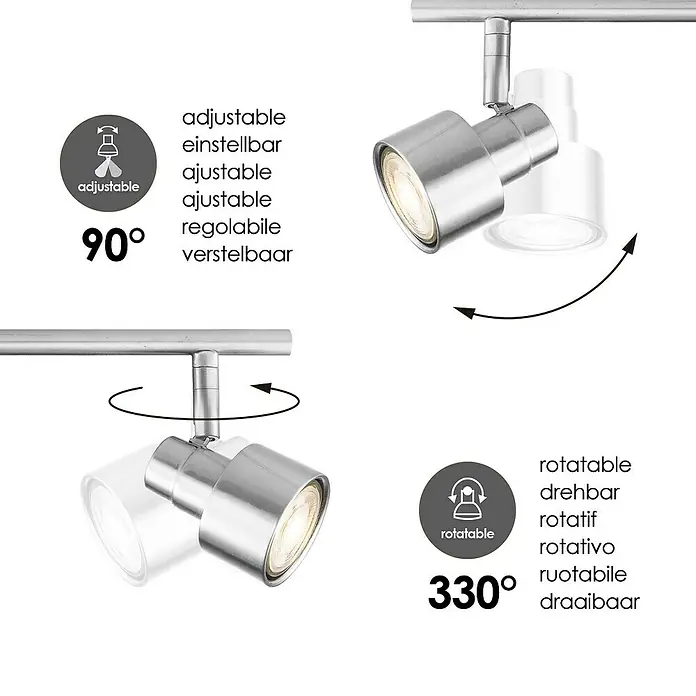Home Sweet Home LED-Deckenstrahler Drift - 6 W, L x B x H: 12 x 80,5 x 17,5 cm, Holz/ Silber, Warmweiß, 4 Stk. - Die verstellbare und drehbare LED-Lampe aus Metall, die eine flexible Ausrichtung des Lichts ermöglicht.