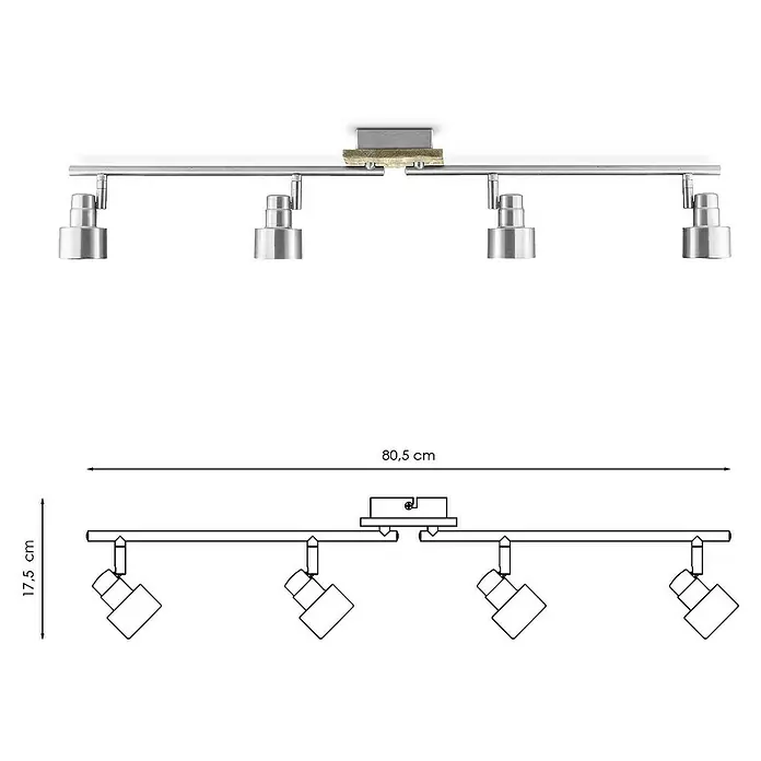 Home Sweet Home LED-Deckenstrahler Drift - 6 W, L x B x H: 12 x 80,5 x 17,5 cm, Holz/ Silber, Warmweiß, 4 Stk. - Abbildung einer modernen 4-flammigen Deckenleuchte aus Metall mit Maßen zur besseren Orientierung.