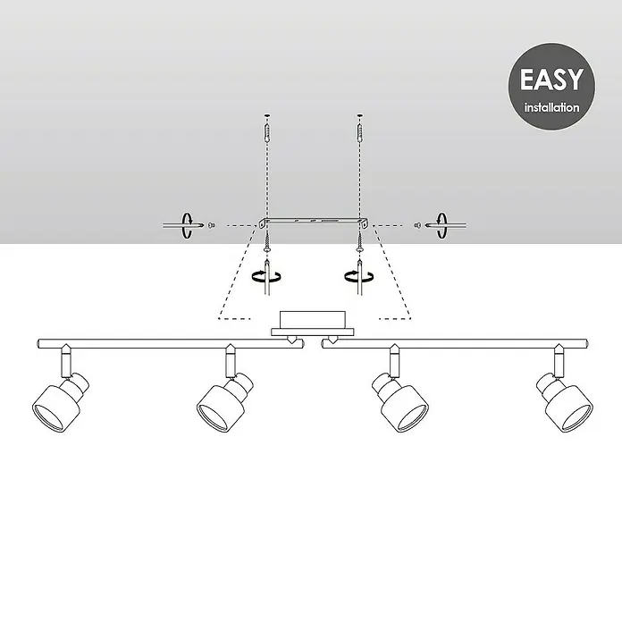 Home Sweet Home LED-Deckenstrahler Drift - 6 W, L x B x H: 12 x 80,5 x 17,5 cm, Holz/ Silber, Warmweiß, 4 Stk. - Eine schematische Darstellung der Installation einer Deckenleuchte mit vier Strahlern, die eine einfache Montage demonstriert.