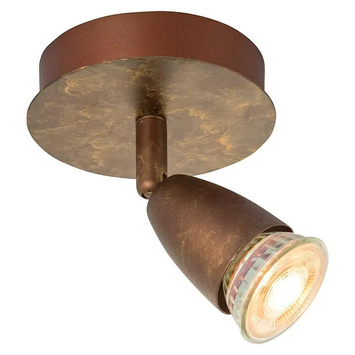 Home Sweet Home LED-Deckenstrahler rund Curl - 5,8 W, Ø x H: 11,5 x 13,5 cm, Bronze, Warmweiß, 1 Stk. - Nahaufnahme einer bronzefarbenen Deckenleuchte mit verstellbarem Spot, die ein warmes, einladendes Licht ausstrahlt.