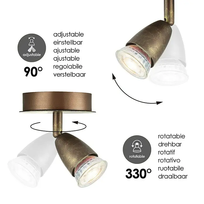 Home Sweet Home LED-Deckenstrahler rund Curl - 5,8 W, Ø x H: 11,5 x 13,5 cm, Bronze, Warmweiß, 1 Stk. - Abbildung einer verstell- und drehbaren Deckenleuchte in Bronzeoptik, die Flexibilität in der Lichtausrichtung ermöglicht.