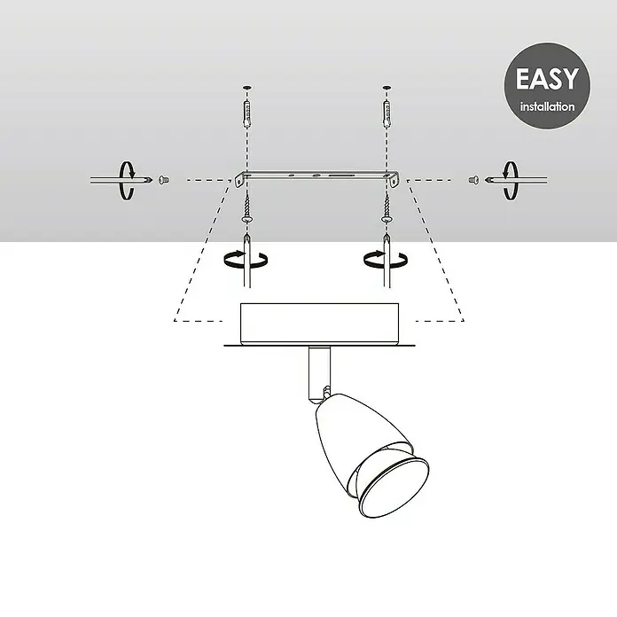 Home Sweet Home LED-Deckenstrahler rund Curl - 5,8 W, Ø x H: 11,5 x 13,5 cm, Bronze, Warmweiß, 1 Stk. - Eine detaillierte Darstellung der Installation einer Deckenleuchte mit der Aufschrift "EASY installation".