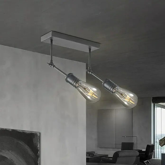 Home Sweet Home LED-Deckenleuchte Spy - 4 W, L x B x H: 30 x 9,5 x 20,5 cm, Burned Metal, Warmweiß, 2 Stk. - Nahaufnahme einer modernen Deckenleuchte mit zwei Edison-Glühbirnen in einem stilvollen, industriellen Design.