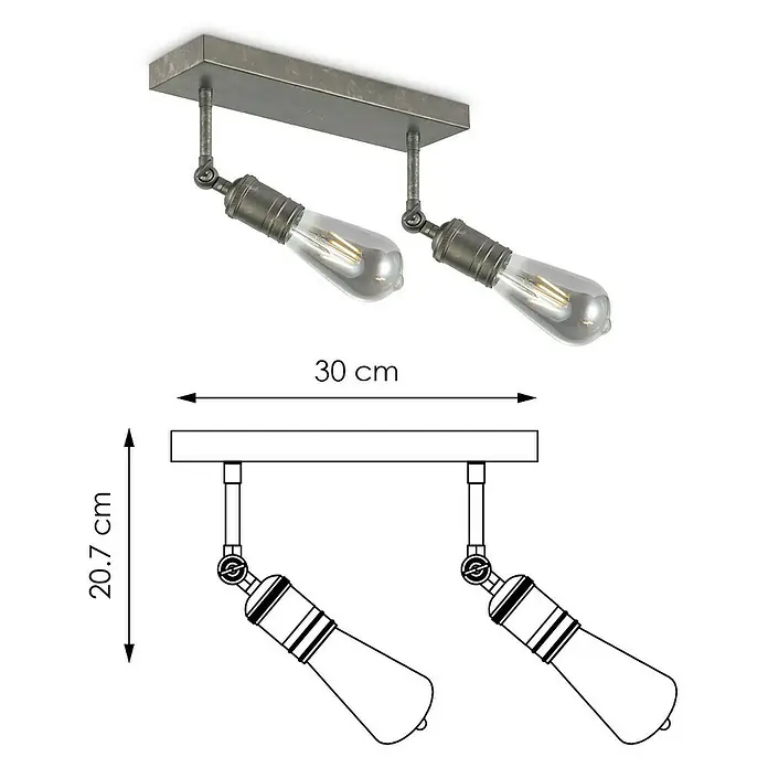 Home Sweet Home LED-Deckenleuchte Spy - 4 W, L x B x H: 30 x 9,5 x 20,5 cm, Burned Metal, Warmweiß, 2 Stk. - Produktansicht der Deckenleuchte mit zwei Vintage-Glühbirnen und Maßen 30 cm Breite und 20,7 cm Höhe.
