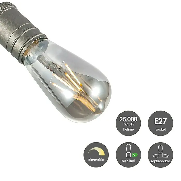Home Sweet Home LED-Deckenleuchte Spy - 4 W, L x B x H: 30 x 9,5 x 20,5 cm, Burned Metal, Warmweiß, 2 Stk. - Das Bild zeigt eine dimmbare E27 LED-Glühbirne mit einer Lebensdauer von 25.000 Stunden und ist austauschbar.