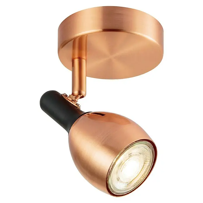 Home Sweet Home LED-Deckenstrahler rund Novi - 5,8 W, Ø x H: 9,5 x 16 cm, Kupfer, Warmweiß - Nahaufnahme einer Kupfer-Deckenleuchte mit einem schwenkbaren, schwarz akzentuierten Strahler, der modernes Design und gerichtetes Licht vereint.