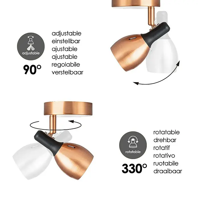 Home Sweet Home LED-Deckenstrahler rund Novi - 5,8 W, Ø x H: 9,5 x 16 cm, Kupfer, Warmweiß - Abbildung einer verstellbaren und drehbaren Deckenleuchte in Kupferoptik, die Flexibilität und modernes Design vereint.