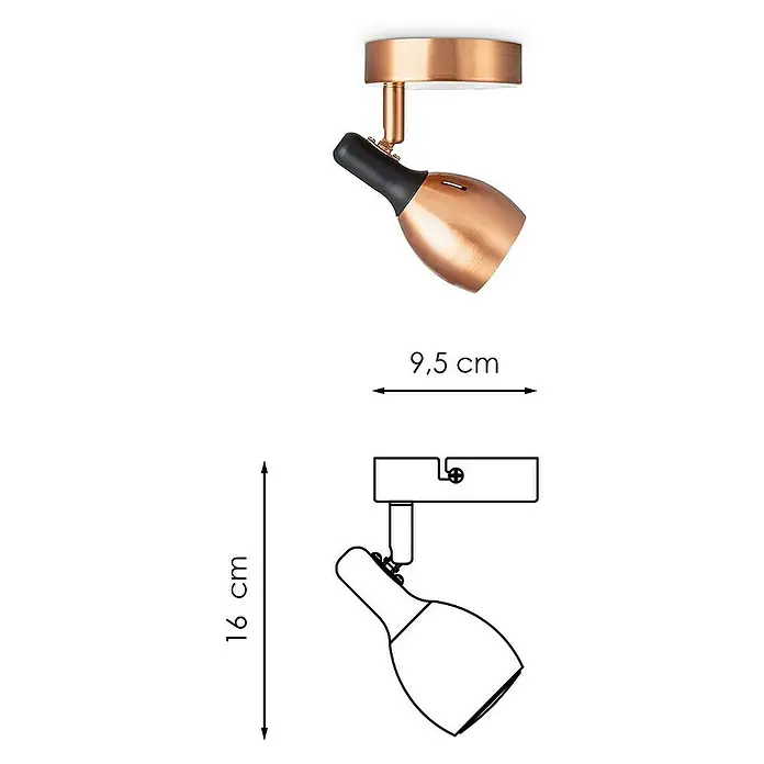 Home Sweet Home LED-Deckenstrahler rund Novi - 5,8 W, Ø x H: 9,5 x 16 cm, Kupfer, Warmweiß - Nahaufnahme der stilvollen Kupfer-Deckenleuchte mit Maßen, die in einer technischen Zeichnung dargestellt sind.
