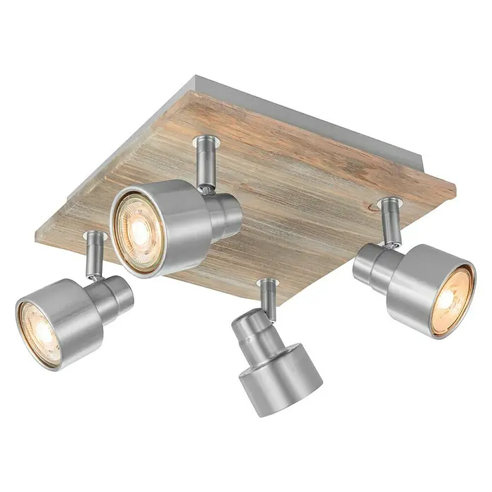 Home Sweet Home LED-Deckenstrahler Drift - 6 W, L x B x H: 23 x 23 x 15 cm, Holz/ Silber, Warmweiß, 4 Stk. - Deckenleuchte mit vier Strahlern auf einer quadratischen Holzplatte, ideal für gezielte Beleuchtung und stilvolles Design.