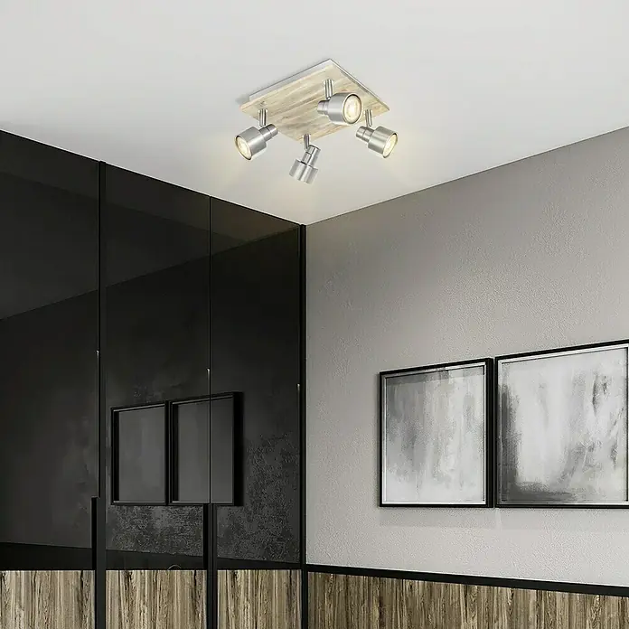 Home Sweet Home LED-Deckenstrahler Drift - 6 W, L x B x H: 23 x 23 x 15 cm, Holz/ Silber, Warmweiß, 4 Stk. - Deckenleuchte mit vier Strahlern und Holzsockel, die ein helles und einladendes Licht in den Raum bringt. Ideal für moderne Innenräume.