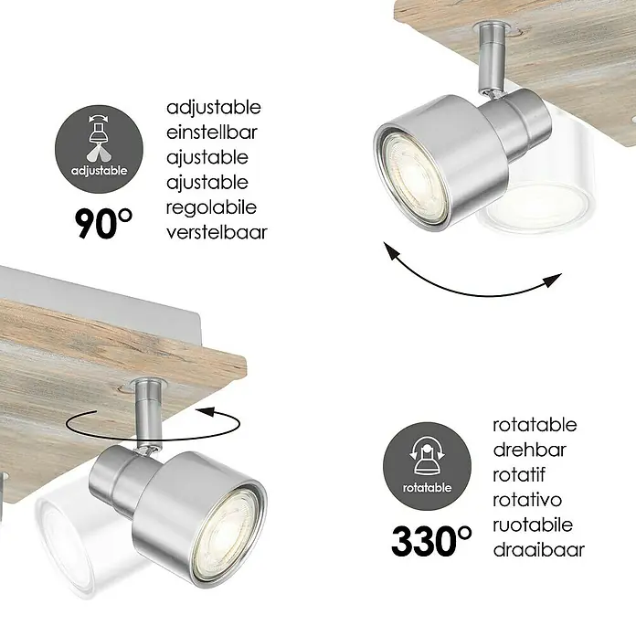 Home Sweet Home LED-Deckenstrahler Drift - 6 W, L x B x H: 23 x 23 x 15 cm, Holz/ Silber, Warmweiß, 4 Stk. - Produktbild, das die Einstellbarkeit der Lampe um 90° und die Drehbarkeit um 330° zeigt, wodurch eine flexible Lichtausrichtung möglich ist.