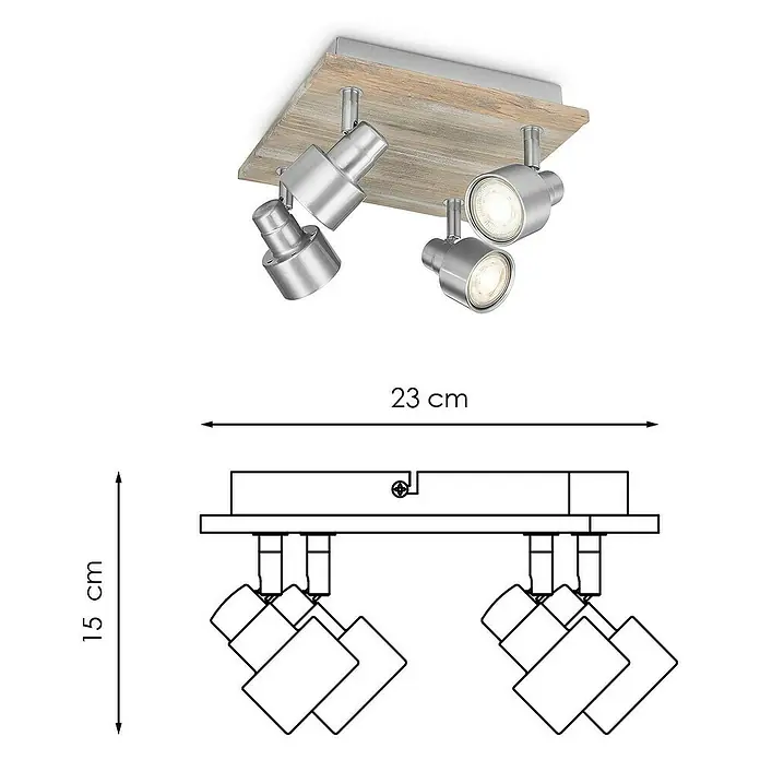 Home Sweet Home LED-Deckenstrahler Drift - 6 W, L x B x H: 23 x 23 x 15 cm, Holz/ Silber, Warmweiß, 4 Stk. - Deckenleuchte mit vier Strahlern und Holzsockel. Das Licht ist hell und die Strahler sind individuell einstellbar.