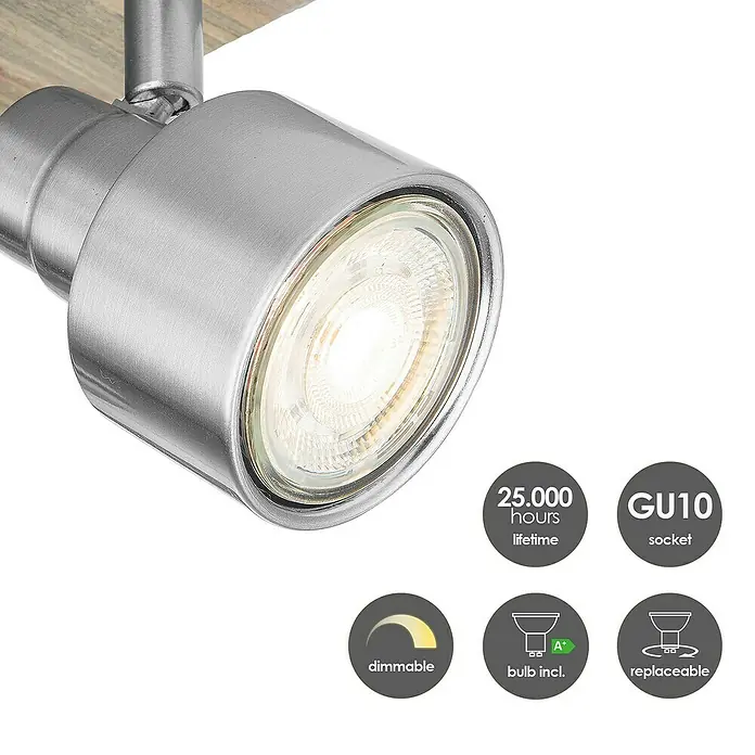 Home Sweet Home LED-Deckenstrahler Drift - 6 W, L x B x H: 23 x 23 x 15 cm, Holz/ Silber, Warmweiß, 4 Stk. - Nahaufnahme einer GU10-Lampe mit 25.000 Stunden Lebensdauer, dimmbar und austauschbar.