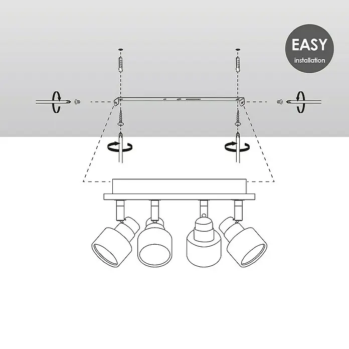Home Sweet Home LED-Deckenstrahler Drift - 6 W, L x B x H: 23 x 23 x 15 cm, Holz/ Silber, Warmweiß, 4 Stk. - Eine detaillierte Montageanleitung für eine Deckenleuchte mit vier Strahlern, die eine einfache Installation verspricht.