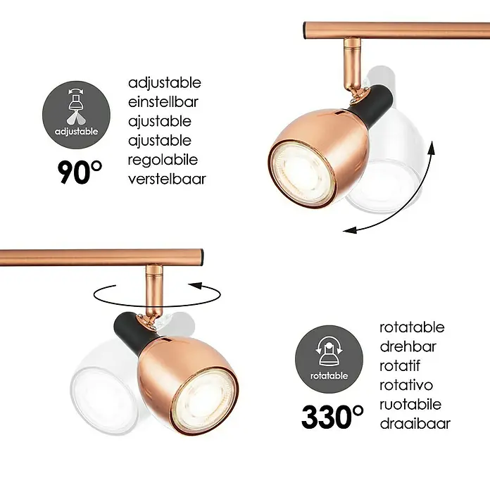 Home Sweet Home LED-Deckenstrahler Novi - 5,8 W, L x B x H: 9,5 x 46 x 17,6 cm, Kupfer, Warmweiß - Abbildung einer verstellbaren und drehbaren Kupferleuchte, die Flexibilität und gezielte Beleuchtung bietet.