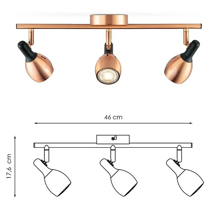 Home Sweet Home LED-Deckenstrahler Novi - 5,8 W, L x B x H: 9,5 x 46 x 17,6 cm, Kupfer, Warmweiß - Abbildung einer Kupferfarbenen Deckenleuchte mit drei Strahlern, die eine moderne und elegante Beleuchtungslösung darstellt.