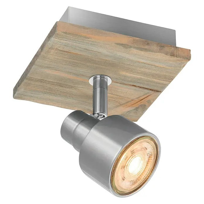 Home Sweet Home LED-Deckenstrahler Drift - 5,8 W, L x B x H: 12 x 12 x 15 cm, Holz/ Silber, Warmweiß, 1 Stk. - Nahaufnahme einer modernen Deckenleuchte mit Holzbasis und silbernem Spot, die ein warmes Licht ausstrahlt.