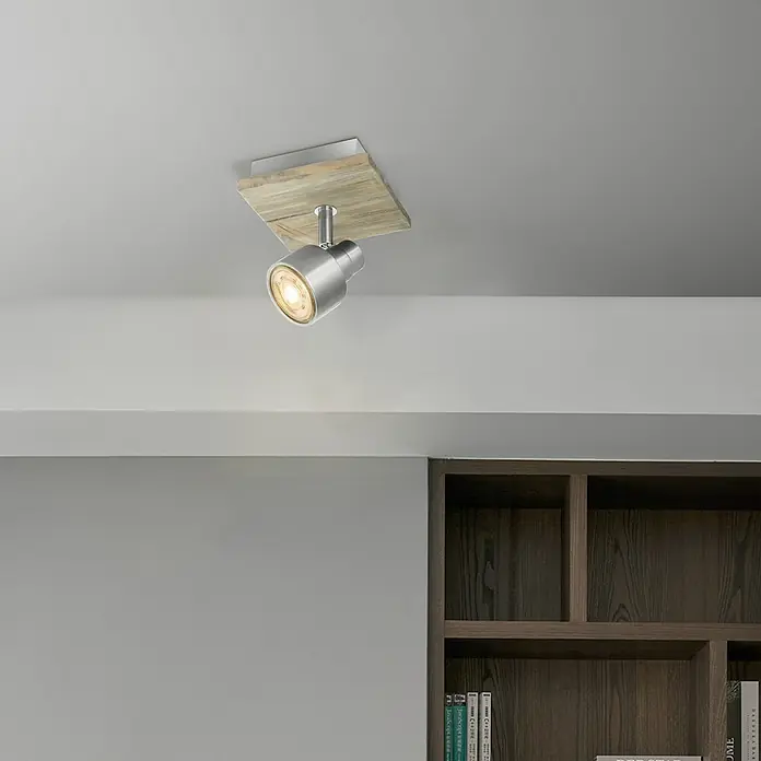 Home Sweet Home LED-Deckenstrahler Drift - 5,8 W, L x B x H: 12 x 12 x 15 cm, Holz/ Silber, Warmweiß, 1 Stk. - Deckenleuchte mit Holzsockel und verstellbarem Spot. Das Lichtelement ist aus Metall gefertigt und sorgt für eine angenehme Beleuchtung.