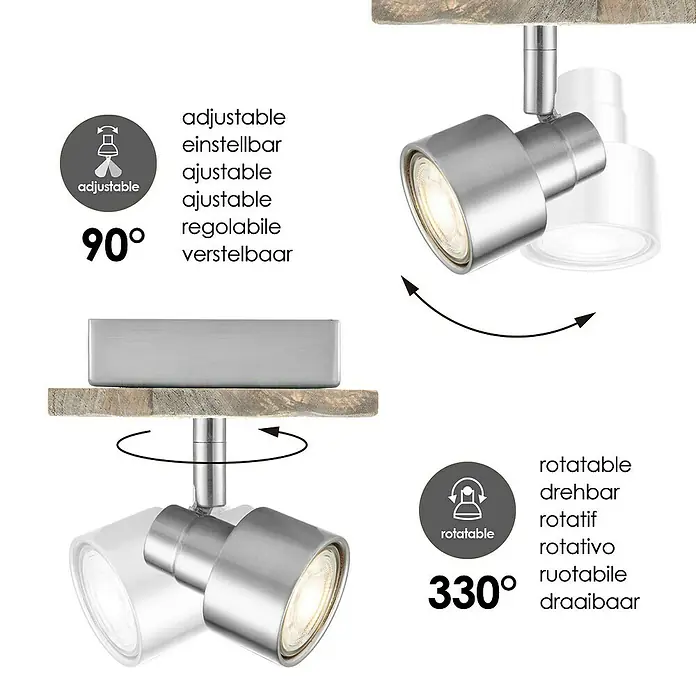 Home Sweet Home LED-Deckenstrahler Drift - 5,8 W, L x B x H: 12 x 12 x 15 cm, Holz/ Silber, Warmweiß, 1 Stk. - Produktbild einer verstellbaren und drehbaren Lampe, die sich ideal zur individuellen Ausrichtung des Lichts eignet.