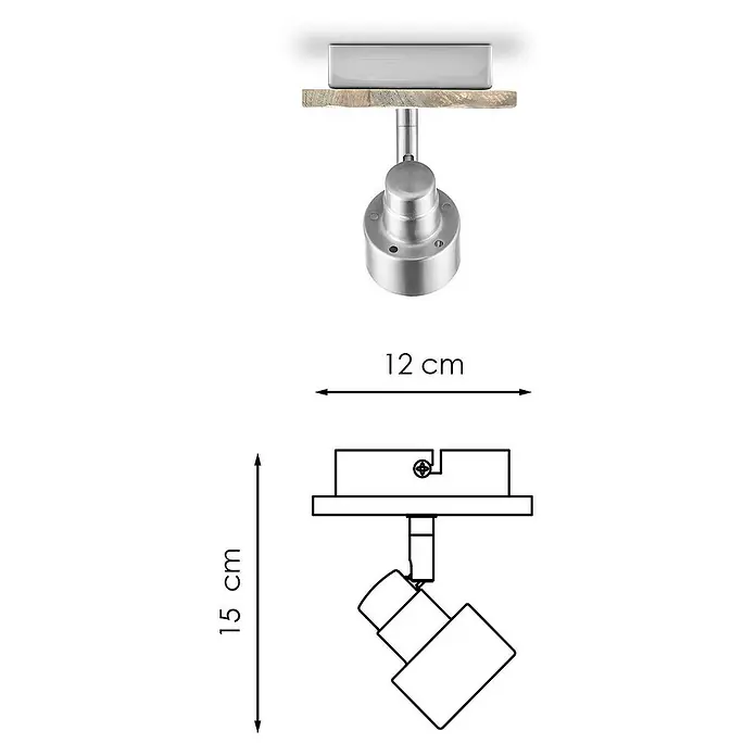 Home Sweet Home LED-Deckenstrahler Drift - 5,8 W, L x B x H: 12 x 12 x 15 cm, Holz/ Silber, Warmweiß, 1 Stk. - Produktansicht: Silberfarbene Spotleuchte mit Maßangaben. Das Licht ist 15 cm hoch und 12 cm breit, was seine kompakte Bauweise unterstreicht.