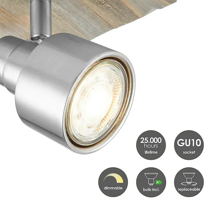 Home Sweet Home LED-Deckenstrahler Drift - 5,8 W, L x B x H: 12 x 12 x 15 cm, Holz/ Silber, Warmweiß, 1 Stk. - Nahaufnahme einer silbernen GU10-Deckenleuchte mit Holzsockel und Energiesparlampe.