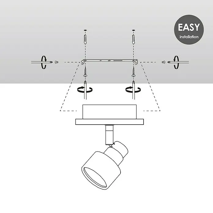 Home Sweet Home LED-Deckenstrahler Drift - 5,8 W, L x B x H: 12 x 12 x 15 cm, Holz/ Silber, Warmweiß, 1 Stk. - Illustration einer Deckenleuchte mit Montageanleitung für eine einfache Installation des Produkts.