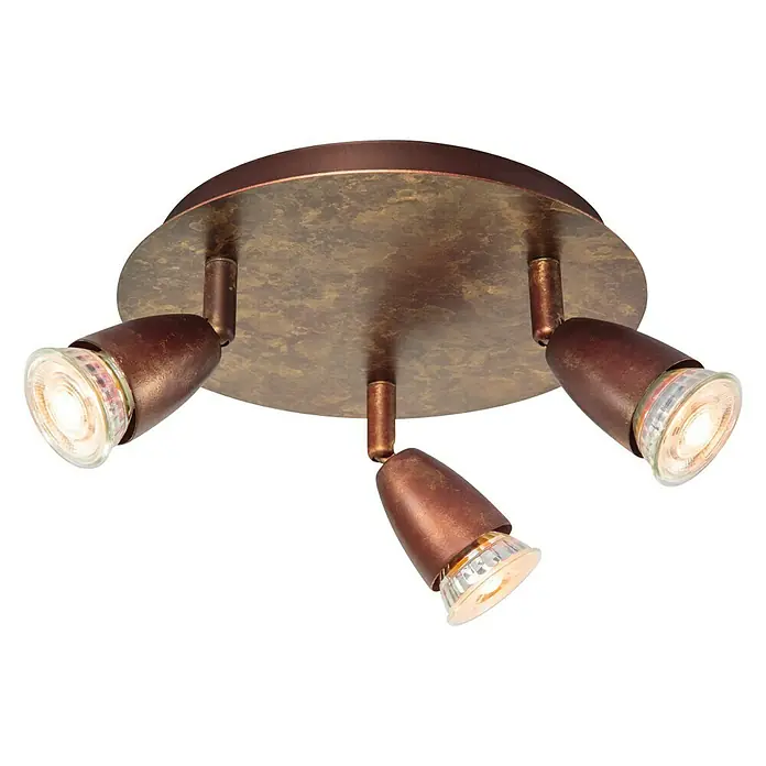 Home Sweet Home LED-Deckenstrahler rund Curl - 5,8 W, Ø x H: 20 x 14,5 cm, Bronze, Warmweiß, 3 Stk. - Eine Nahaufnahme einer bronzefarbenen Deckenleuchte mit drei Strahlern und klaren Lampen, die ein warmes Licht ausstrahlen.