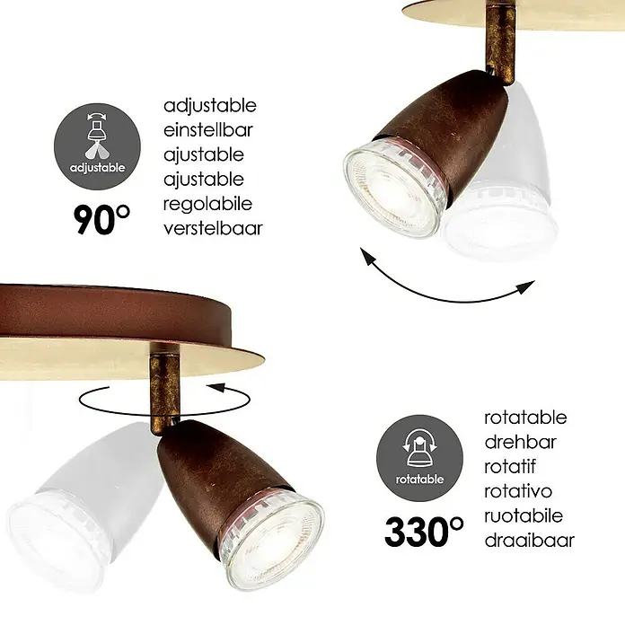 Home Sweet Home LED-Deckenstrahler rund Curl - 5,8 W, Ø x H: 20 x 14,5 cm, Bronze, Warmweiß, 3 Stk. - Produktbild einer justierbaren und drehbaren Lampe mit 90° und 330° Bewegungsumfang.