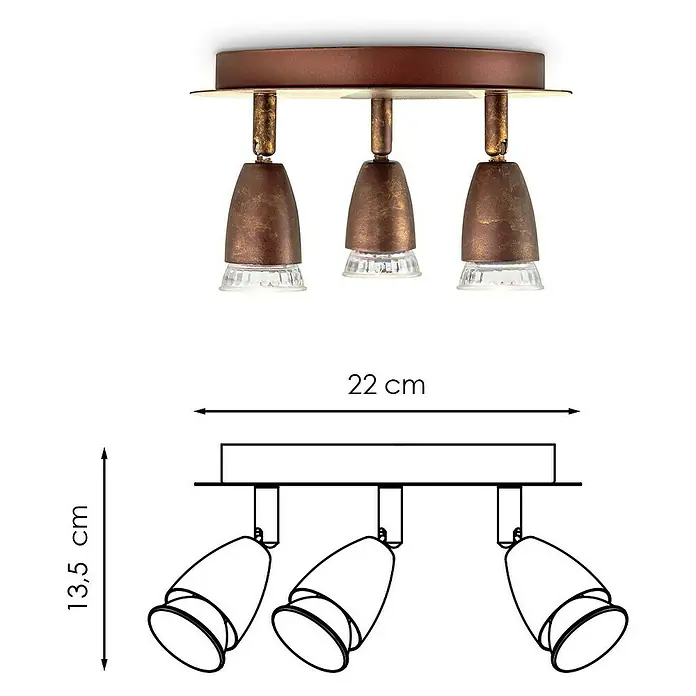Home Sweet Home LED-Deckenstrahler rund Curl - 5,8 W, Ø x H: 20 x 14,5 cm, Bronze, Warmweiß, 3 Stk. - Deckenleuchte mit drei Strahlern in Braun- und Goldtönen. Die Strahler haben klare Glaselemente und eine detaillierte Zeichnung zeigt die Maße.