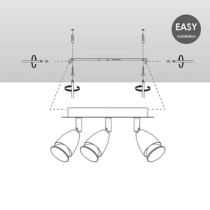 Home Sweet Home LED-Deckenstrahler rund Curl - 5,8 W, Ø x H: 20 x 14,5 cm, Bronze, Warmweiß, 3 Stk. - Installationsanleitung für eine dreiflammige Deckenleuchte mit Strahlern, einfache Montage wird hervorgehoben.