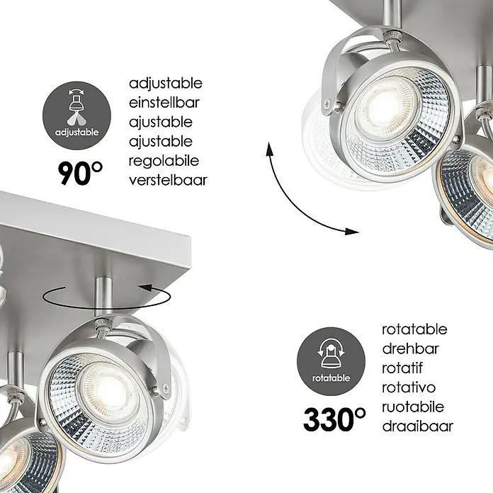 Home Sweet Home LED-Deckenstrahler Yaya - 5,8 W, L x B x H: 23 x 23 x 15,5 cm, Silber, Warmweiß, 4 Stk. - Verstellbare LED-Deckenleuchte mit schwenkbaren Spots um 90° und drehbaren Spots um 330°, ideal für flexible Beleuchtungslösungen.
