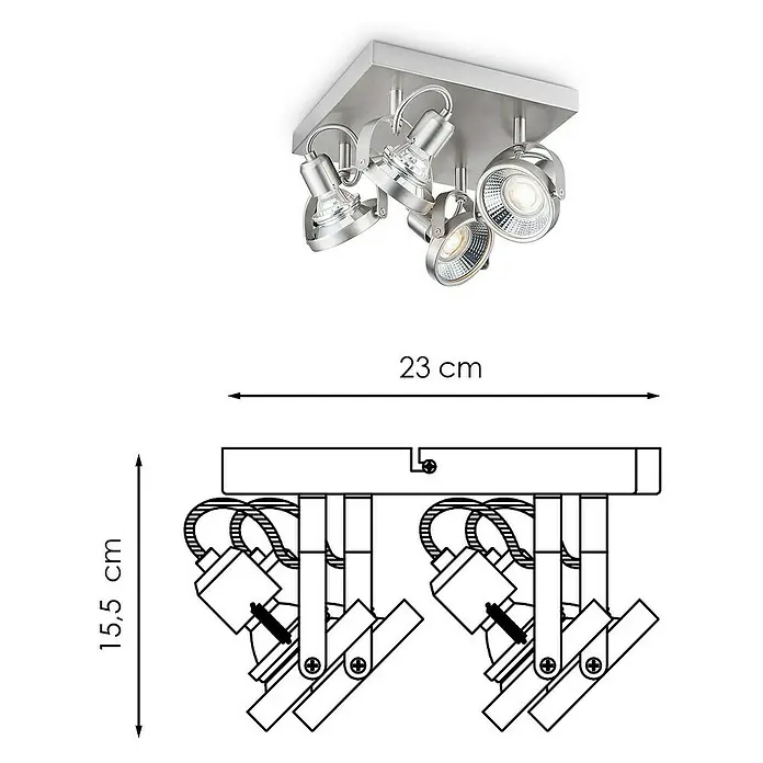 Home Sweet Home LED-Deckenstrahler Yaya - 5,8 W, L x B x H: 23 x 23 x 15,5 cm, Silber, Warmweiß, 4 Stk. - Produktdarstellung einer Deckenleuchte mit vier Strahlern in Silber, inklusive Maßangaben für Breite und Höhe.
