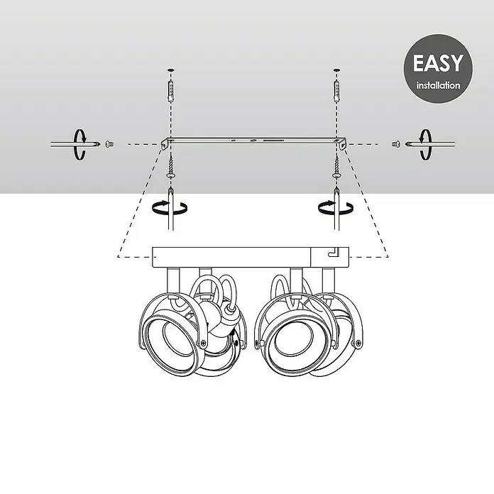 Home Sweet Home LED-Deckenstrahler Yaya - 5,8 W, L x B x H: 23 x 23 x 15,5 cm, Silber, Warmweiß, 4 Stk. - Installationsanleitung für eine Deckenleuchte mit zwei Strahlern. Einfache Montage durch Schrauben an der Decke mit Dübeln und Schrauben.