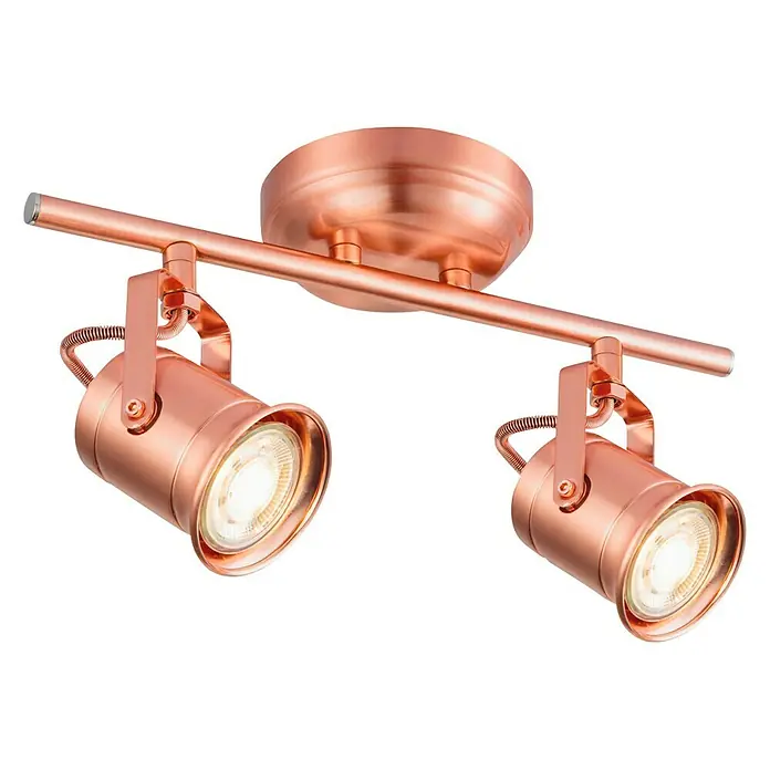 Home Sweet Home LED-Deckenstrahler Venn - 5,8 W, L x B x H: 11 x 32 x 16 cm, Kupfer, Warmweiß, 2 Stk. - Nahaufnahme einer modernen, roségoldenen Deckenleuchte mit zwei Strahlern, die auf einem schwarzen Hintergrund montiert ist.