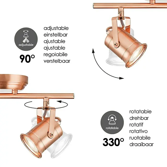 Home Sweet Home LED-Deckenstrahler Venn - 5,8 W, L x B x H: 11 x 32 x 16 cm, Kupfer, Warmweiß, 2 Stk. - Die Abbildung zeigt eine verstellbare und drehbare Deckenleuchte in Kupferoptik, die Flexibilität und Ausrichtung des Lichts ermöglicht.