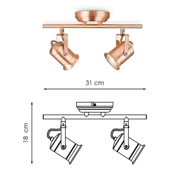 Home Sweet Home LED-Deckenstrahler Venn - 5,8 W, L x B x H: 11 x 32 x 16 cm, Kupfer, Warmweiß, 2 Stk. - Abbildung einer modernen Deckenleuchte mit zwei Strahlern in Kupferoptik, inklusive Maßangaben (31 cm Breite, 18 cm Höhe).