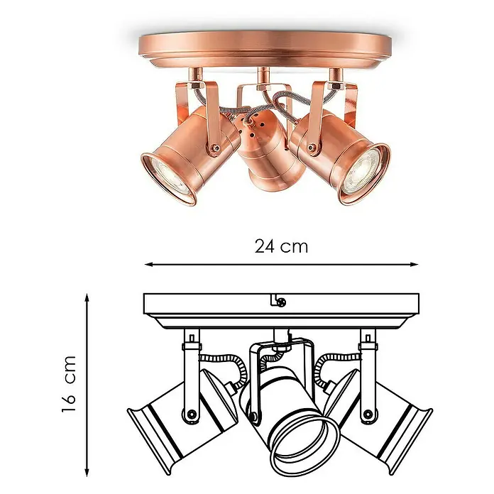 Home Sweet Home LED-Deckenstrahler Venn - 5,8 W, L x B x H: 24 x 24 x 16 cm, Kupfer, Warmweiß - Abbildung einer Deckenleuchte mit drei Strahlern in Kupferoptik, inklusive Maßangaben (24 cm Breite, 16 cm Höhe).
