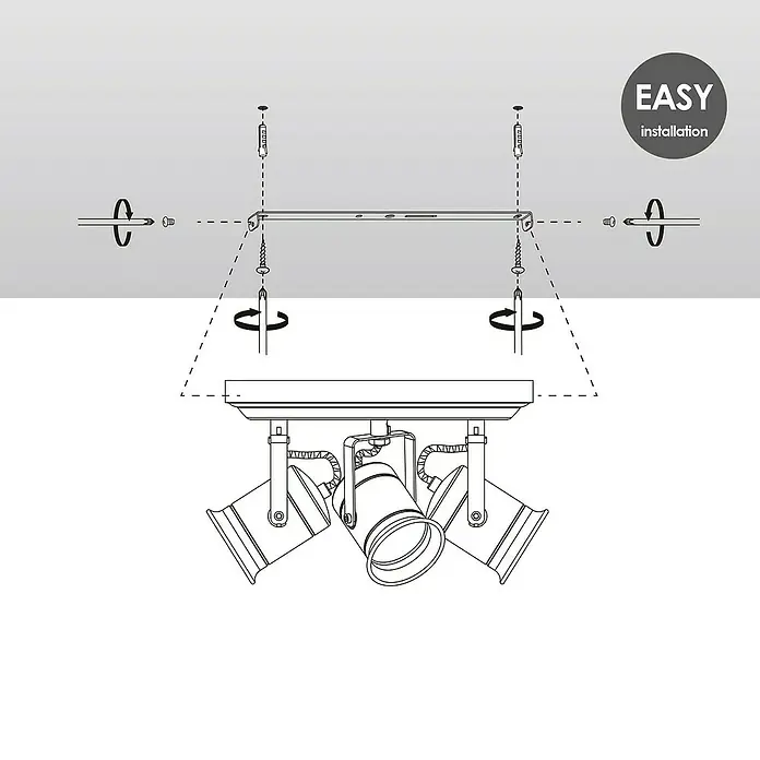 Home Sweet Home LED-Deckenstrahler Venn - 5,8 W, L x B x H: 24 x 24 x 16 cm, Kupfer, Warmweiß - Schematische Darstellung der einfachen Installation einer dreiflammigen Deckenleuchte.