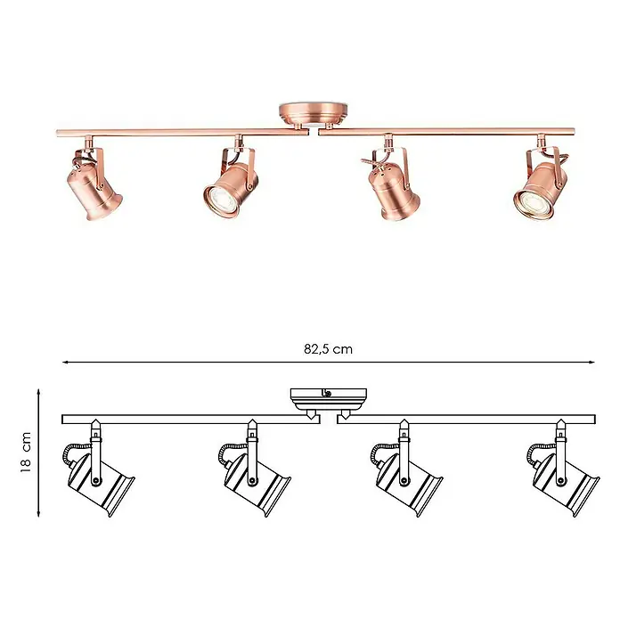 Home Sweet Home LED-Deckenstrahler Venn - 5,8 W, L x B x H: 11 x 82,5 x 16 cm, Kupfer, Warmweiß, 4 Stk. - Produktbild einer Deckenleuchte mit vier Strahlern in Kupferoptik, inklusive Maßangaben.