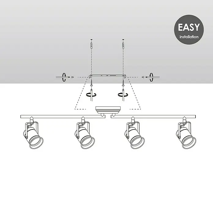 Home Sweet Home LED-Deckenstrahler Venn - 5,8 W, L x B x H: 11 x 82,5 x 16 cm, Kupfer, Warmweiß, 4 Stk. - Installationsanleitung für eine moderne Deckenleuchte mit vier Strahlern. Einfache Montage der Lampen dank klarer Darstellung.