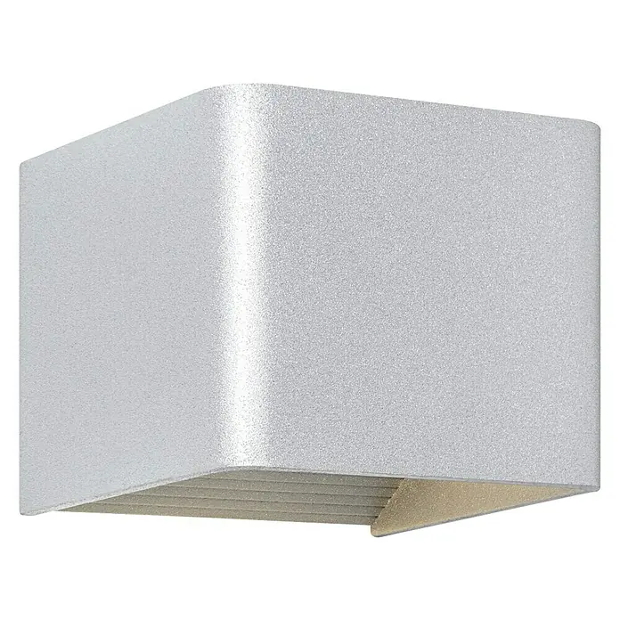 Home Sweet Home Wandleuchte Anna - 5 W, L x B x H: 11 x 10 x 8,5 cm, Aluminium - Nahaufnahme einer modernen, silberfarbenen Wandleuchte mit geradlinigem Design und indirekter Beleuchtung für den Innenbereich.