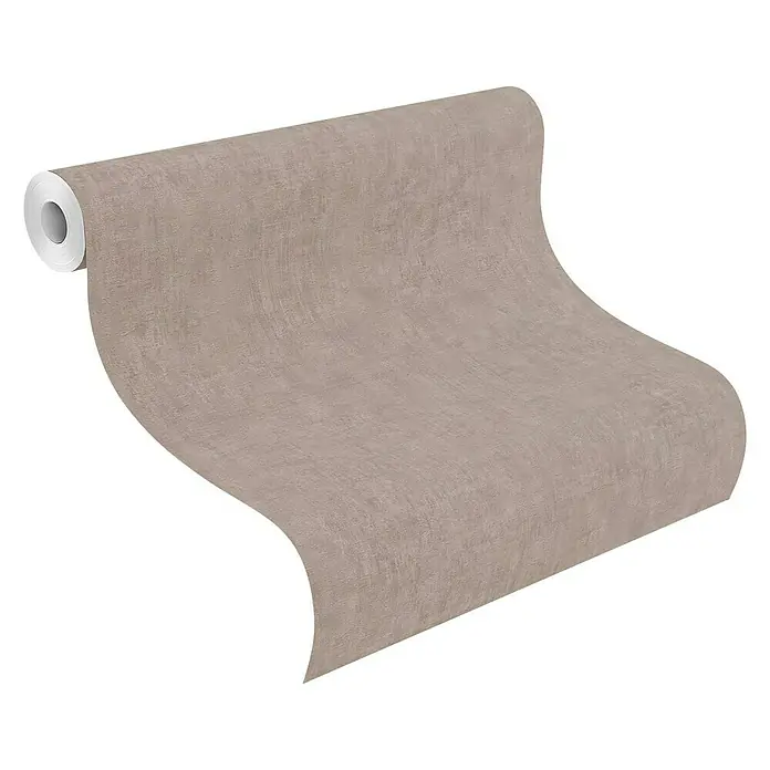 Rasch Factory 4 Vliestapete - Braun, Uni, 10,05 x 0,53 m - Nahaufnahme einer Rolle strukturierten Tapete in einem neutralen Farbton, die Textur und Tiefe für die Wanddekoration bietet.