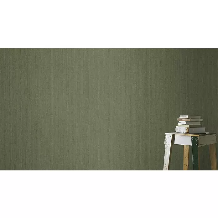 Rasch Kimono Vliestapete Muster - Grün, Uni, 10,05 x 0,53 m - Gedämpfte olivgrüne Tapete mit subtiler gewebter, leinenartiger Textur.