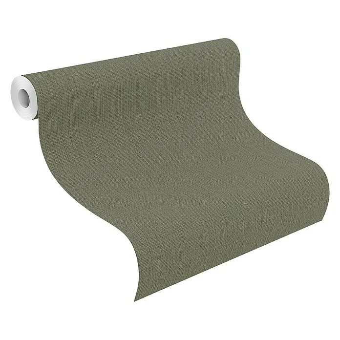 Rasch Kimono Vliestapete Muster - Grün, Uni, 10,05 x 0,53 m - Ein Rollen-Nahaufnahme eines olivefarbenen Vinyltapeten mit Stoffoptik, die eine warme und natürliche Atmosphäre in jeden Raum bringt.